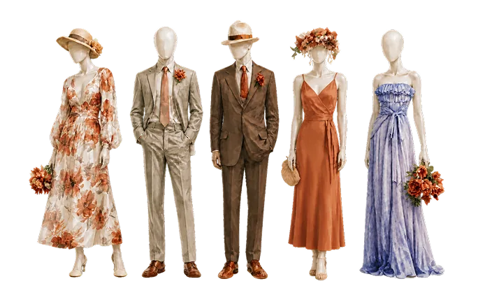 Cinco atuendos de ejemplo: vestidos largos y midi, trajes y blazers en tonos tierra